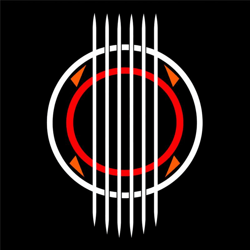 Jons emblem: sex vita spetsiga strängar över en vit och en röd ring, med fyra orange trianglar, på svart botten.